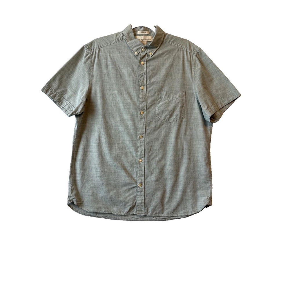 HM LOGG Mens L Short Sleeve Button Up‎ Shirt Sage Green Slub Cotton Coastal Work
